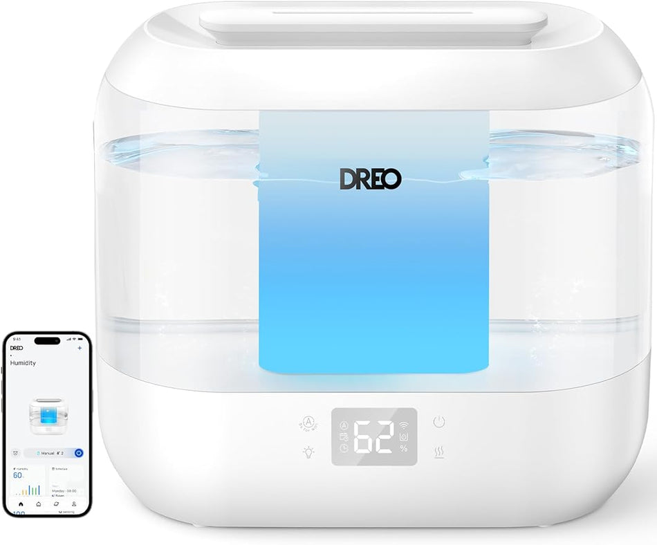 Dreo Smart Humidifier, Cool Mist Humidifiers for Bedroom, Quiet 4L Top Fill Ultrasonic Humidifiers for Home Office Plant & Baby with Nightlight, LED Display, 32H Runtime, APP/Voice Control, HM311S