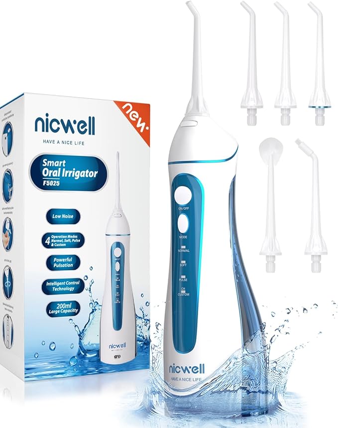 Nicwell Water Dental Flosser Pick for Teeth: Nicwell 4 Modes Cordless Portable Rechargeable Oral Irrigator IPX7 Waterproof Cleaner Pik Deep Cleaning Flossing Pic Machine for Home Travel