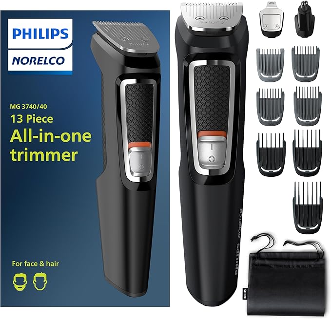 Philips Norelco Multi Groomer All-in-One Trimmer Series 3000-13 Piece Mens Grooming Kit for Beard, Face, Nose, Ear Hair Trimmer and Hair Clipper - NO Blade Oil Needed, MG3740/40