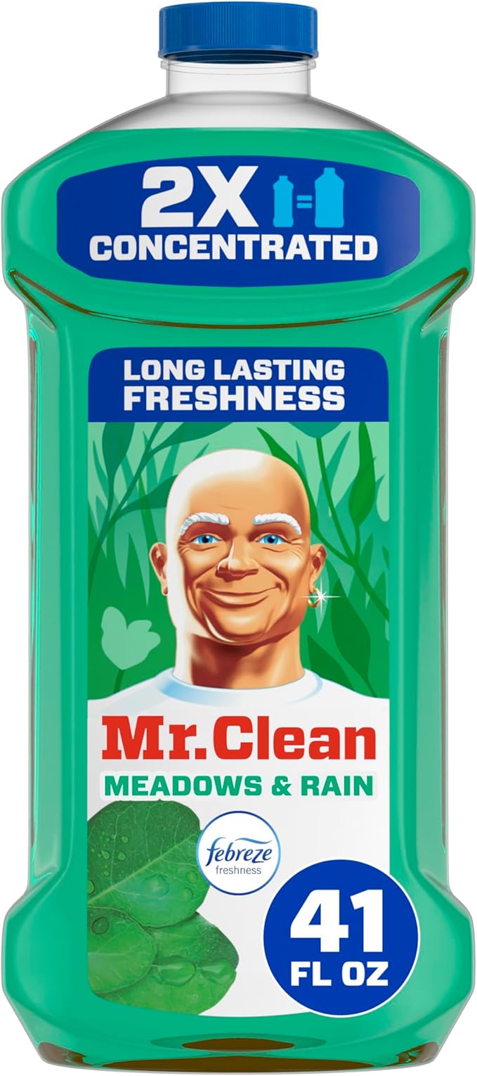 Mr. Clean All Purpose Cleaner, Floor Cleaner for Mopping Home, Bathroom, & Kitchen, Cleaning Liquid for Mop & Bucket, Cleaning Supplies, Multi-Surface Dilutable, Meadows & Rain, 41oz