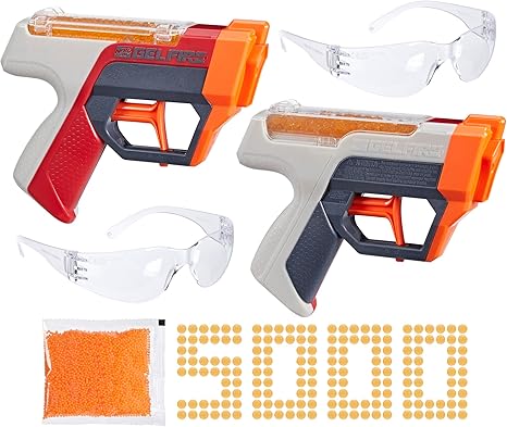 Nerf Pro Gelfire Dual Wield Pack, 2 Blasters, No-Prime Firing, 5000 Gelfire Rounds, 2X 100 Round Integrated Hoppers, 2 Eyewear, Ages 14 & Up