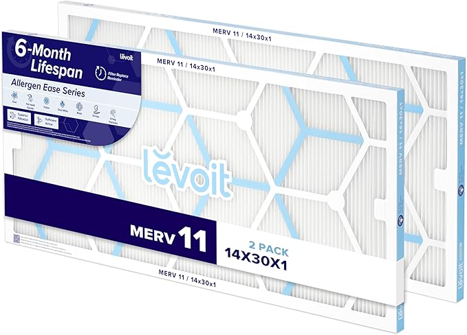 LEVOIT 14x30x1 Air Filter, MERV 11, 6-Month Pleated 1-Inch Electrostatic AC Furnace Air Cleaning Filter, 2 Pack (Actual Size 13.7×29.69×0.79 inches)