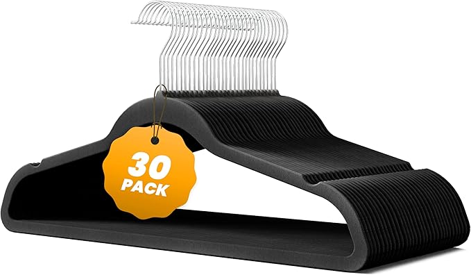 HealSmart 30 Pack Velvet Hangers, Non-Slip Flocked Felt Hangers with Shoulder Notches, Heavy Duty Clothes Hangers for Coats, Pants and Dress Clothes, Black