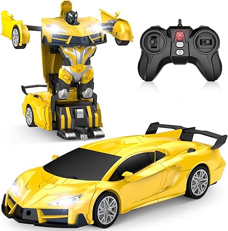 Qumcou Remote Control Car，Transform Robot RC Cars with Cool LED Headlights, 2.4Ghz Toys Car with 360 Degree Rotation and One-Button Deformation, Christmas Birthday Gifts for Boys Girls(Yellow)