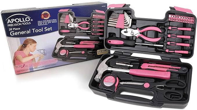 Apollo Tools Original 39 Piece General Household Tool Set in Toolbox Storage Case with Essential Hand Tools for Everyday Home Repairs, DIY and Crafts - Pink Ribbon - Pink - DT9706P