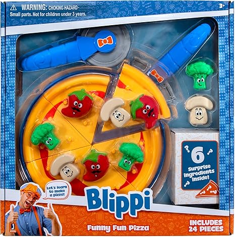 Blippi Funny Fun Pizza, Learning Colors - 6” Pizza Crust, Pizza Cutter, Spatula, Pizza Plate, 9 Ingredients (Peppers, Broccoli, Mushrooms), Plus 6 Surprise Ingredients, White